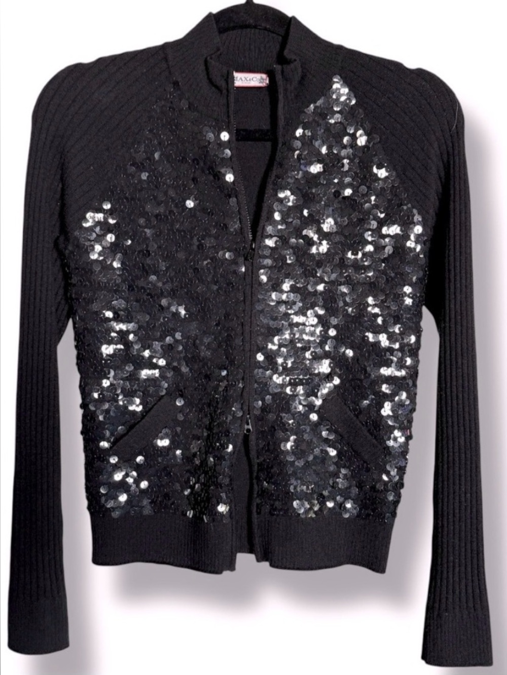 Max Mara Max & Co Black Sequin Bomber Sweater Ribbed Sleeve Large Wool Blend